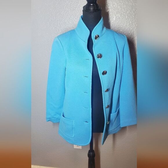 St. John Light Blue 100% Wool Knit Jacket Women’s Classic Open Front Blazer - Picture 9 of 15